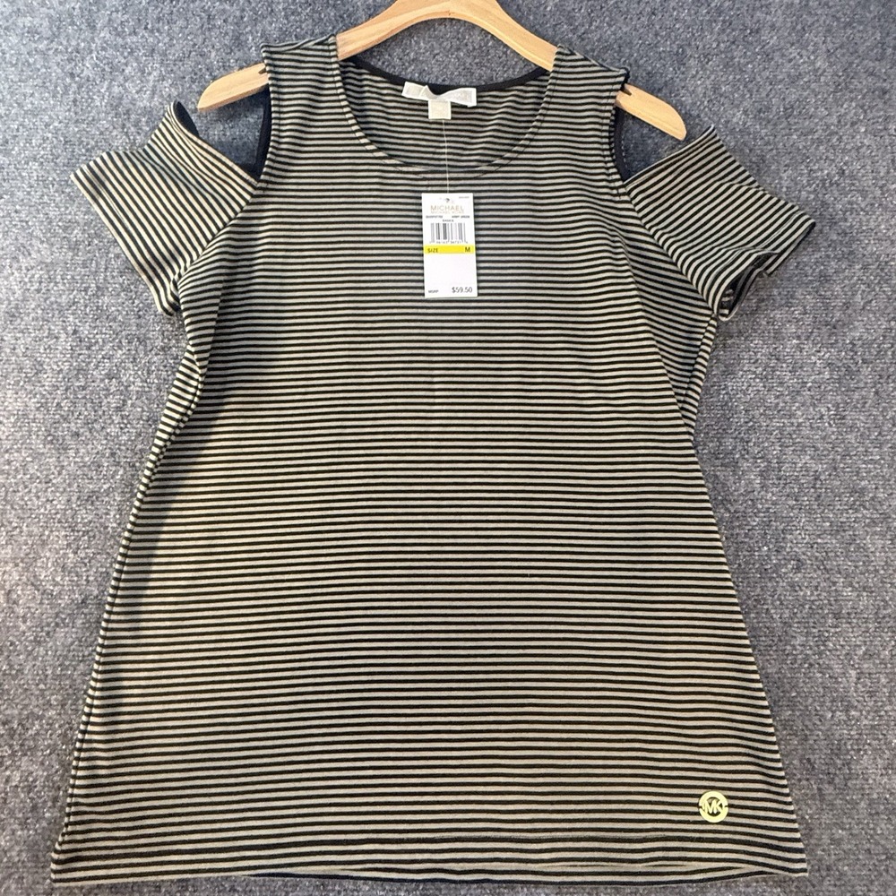 Michael Kors Cold Shoulder Top Medium NWT Black Olive Stripe Stretch‎ Knit Logo